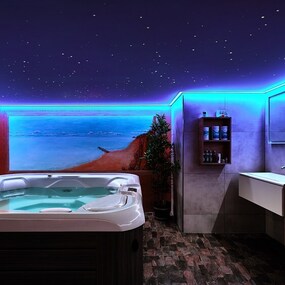 Modernes Wellnessbad mit Whirlpool, LED-Beleuchtung und Wandbild mit Meereslandschaft.